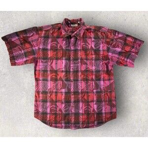 Vintage Bugle Boy Tropical Leaf Plaid Shirt L Red Pink Purple 90s Button-Up